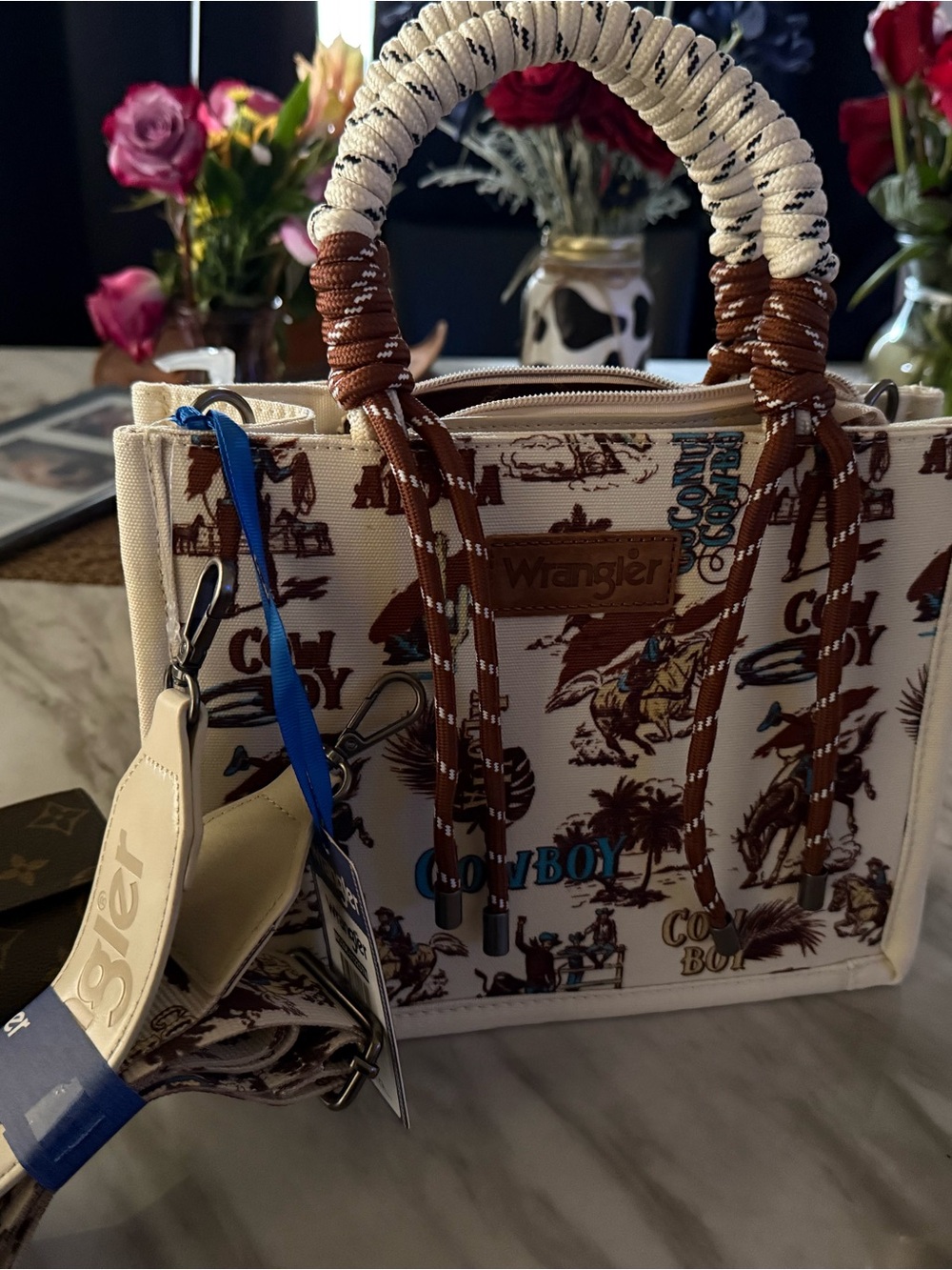 Brand new Rare Wrangler Cream Cowboy Tote with Brown and Blue Accents